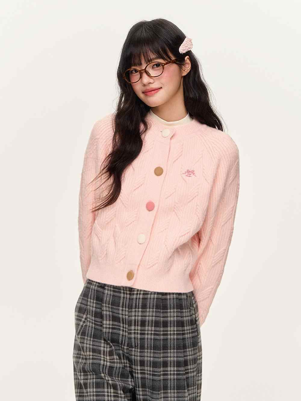 Colorful Button Cable Knit Cardigan & Plaid Skirt & Pants NTO0140