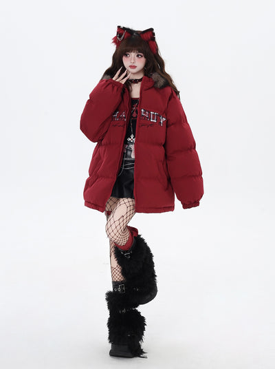 Letter Print Fur Hooded Loose Down Jacket CRA0085