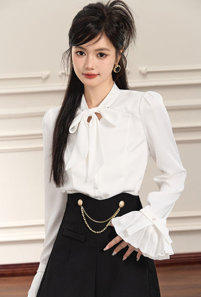 Lace-up White Beaded Stitching Design Shirt OSH0071