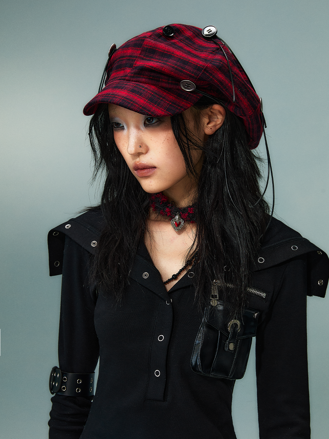 Button Red Plaid Cloud Beret FRU0087