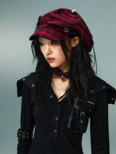 Button Red Plaid Cloud Beret FRU0087