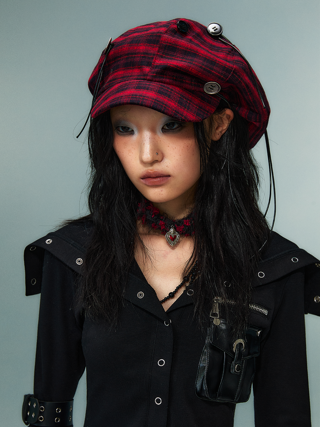 Button Red Plaid Cloud Beret FRU0087
