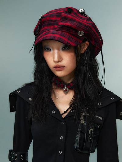 Button Red Plaid Cloud Beret FRU0087