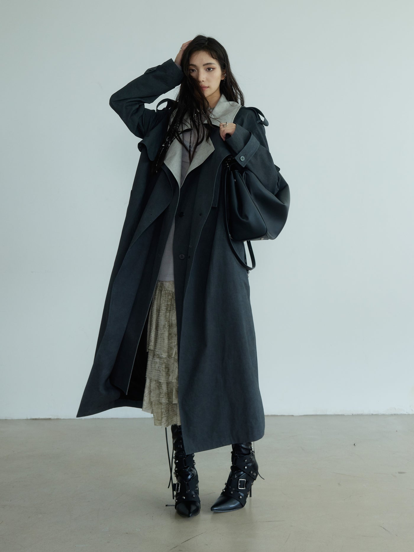 Contrast Color Stitching Faux Two Piece Relaxed Long Coat JNY0176