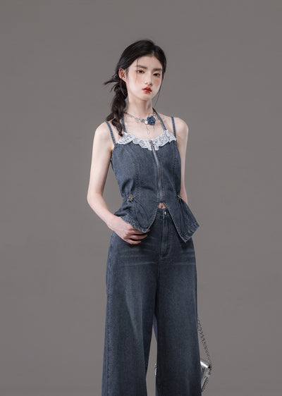 Blue Double Sling V-neck Lace Waist Slimming Denim Camisole/Jeans COT0130