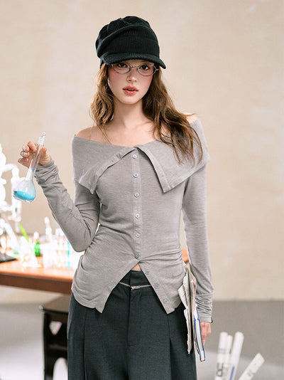 One-shoulder Button-down Sweater LAL0101