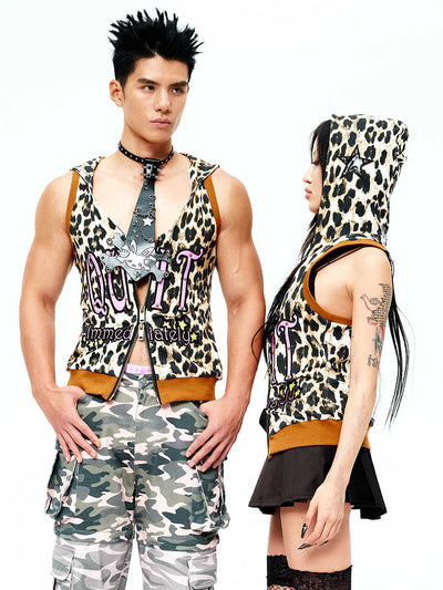 Patent Leather Embroidered Leopard Pattern Sleeveless Hoodie Top CFI0034