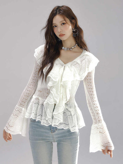 Big Wave Frill Lace V-Neck Sweet Flare Top LAC0225