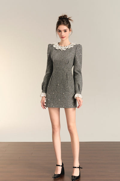 Slim Fit Short Lace Beaded A-line Dress OSH0064