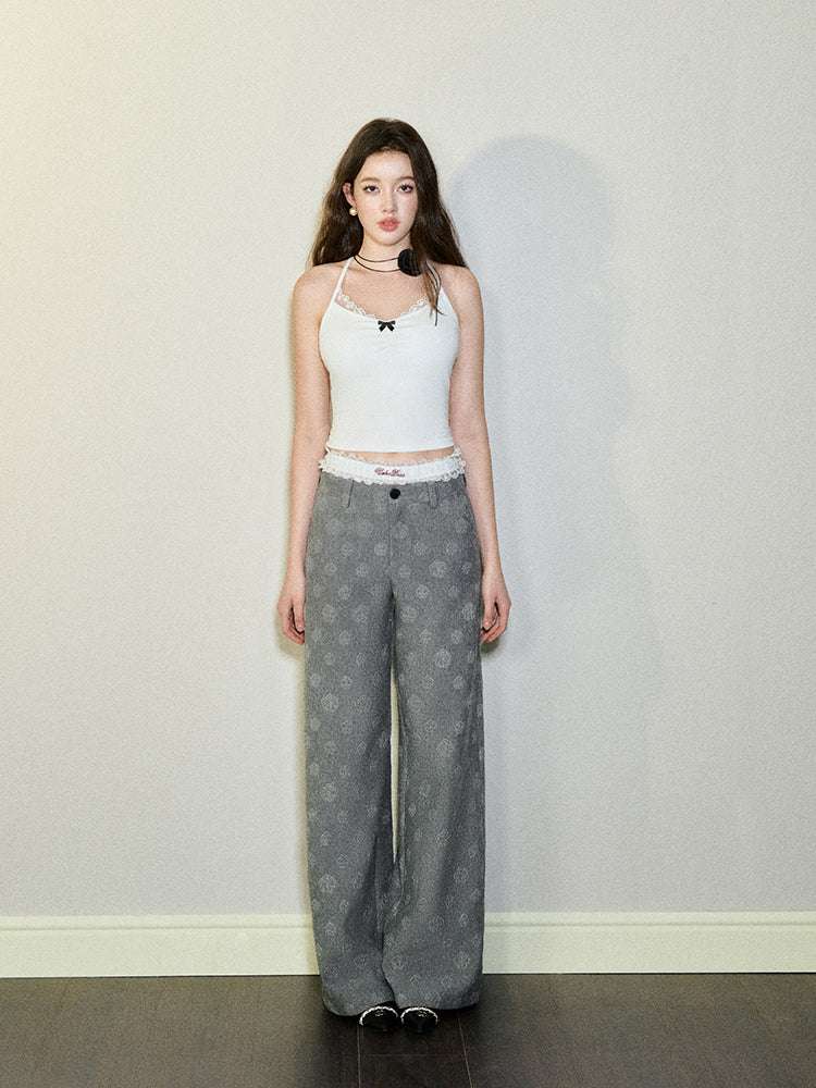 Camellia Pattern Twill Design Wide Pants UND0090