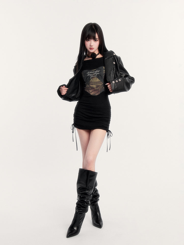 Retro Rock Style Slim Short Black Leather Jacket VOC0252