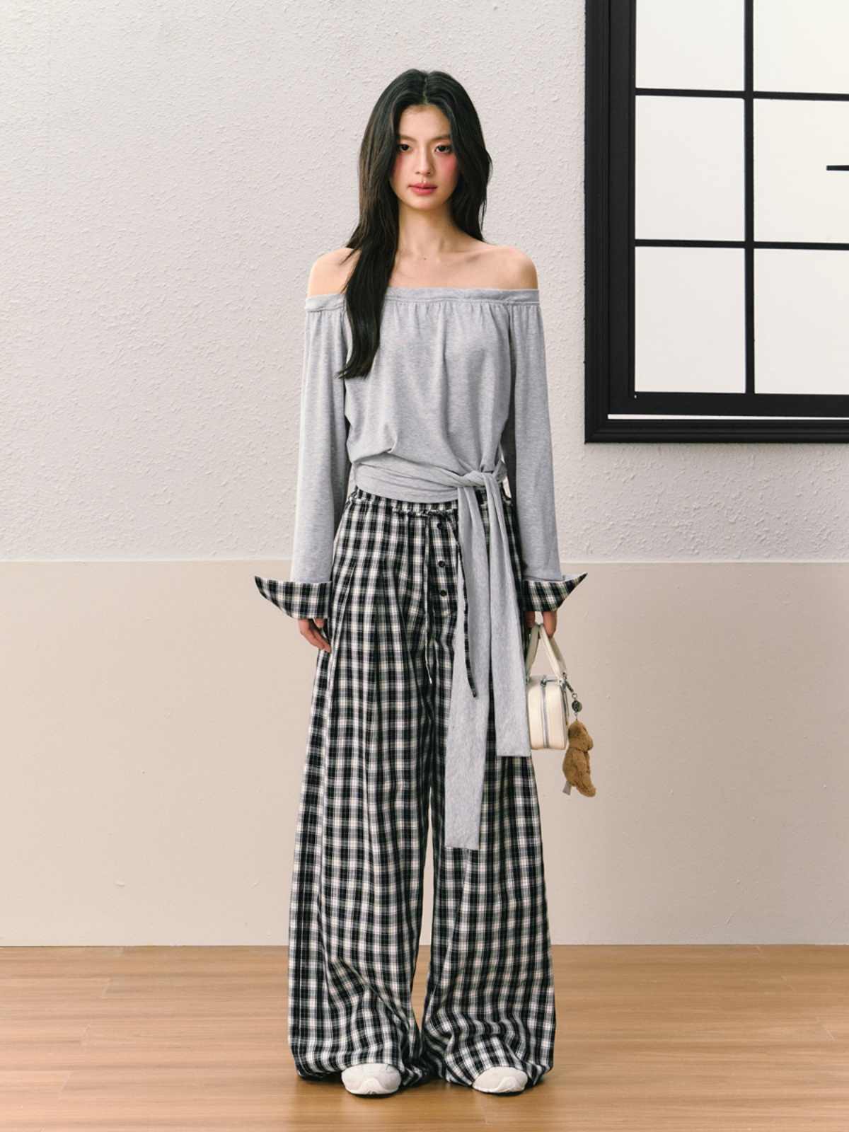 Casual Gingham Check Pattern Wide Leg Pants SHI0068