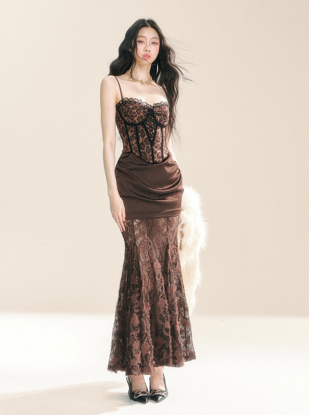 Lace Leopard Suspender Long Dress/Fur Jacket DIA0292