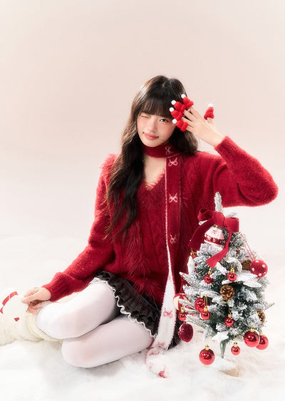 Red Bow Design V-Neck Cable Knit NTO0166