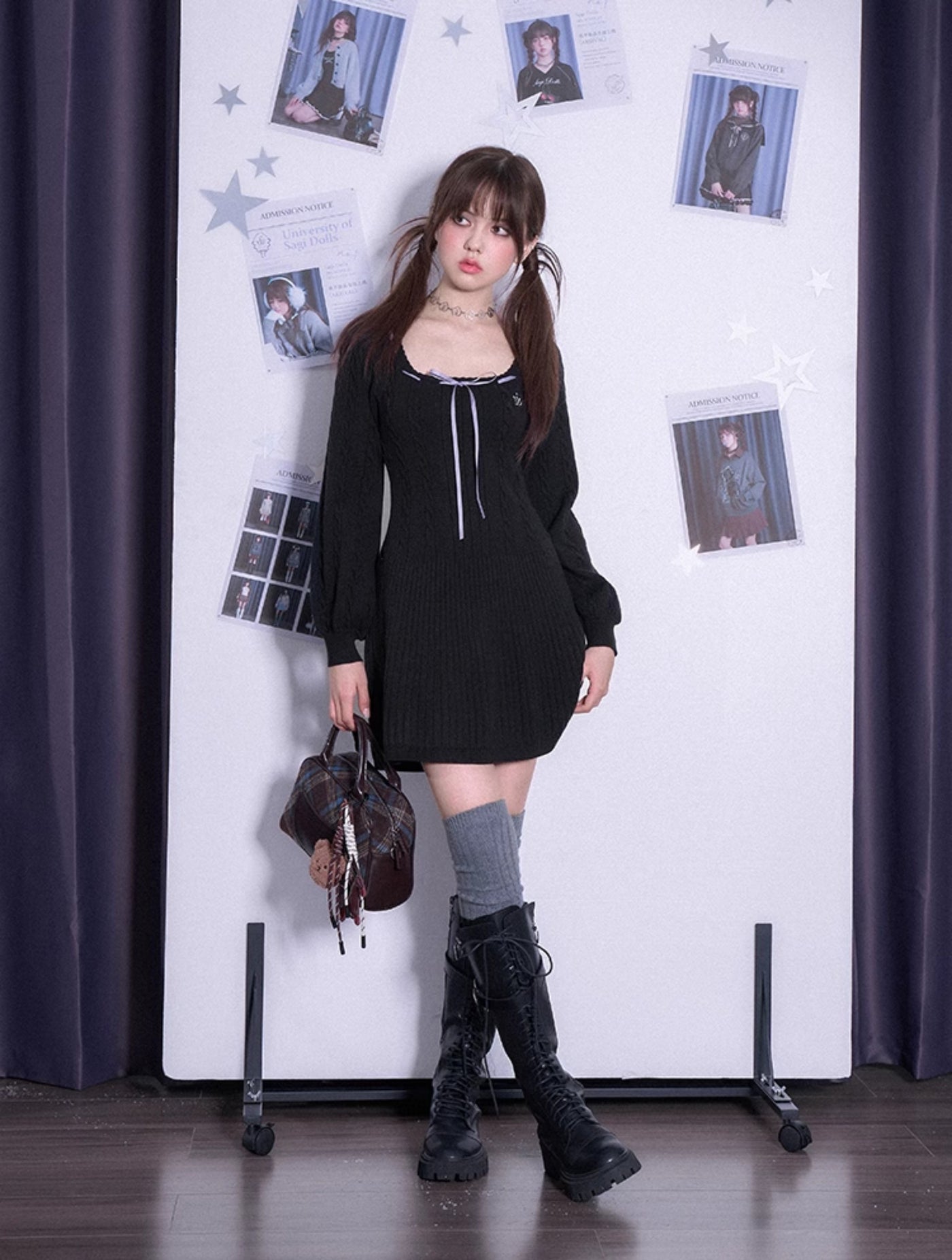 Black Square Neck Sweater Dress SAG0209