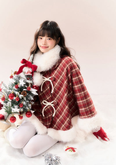 Red Checkered Bow Fur Collar Coat NTO0163