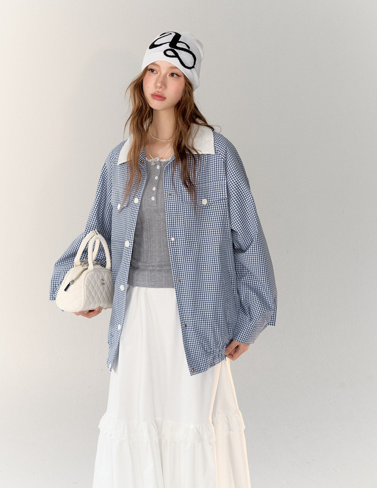 체크 무늬 <tc>Jacket</tc>/롱스커트/슬리브리스탑 ASG0005