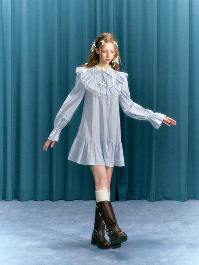 Blue Vertical Stripes Bow Ruffled Stand Collar Lace Long Sleeve Dress NAR0045