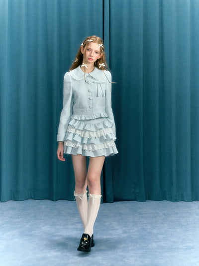 Baby Blue Bow Suit Short Jacket/Lace Cake Skirt NAR0043