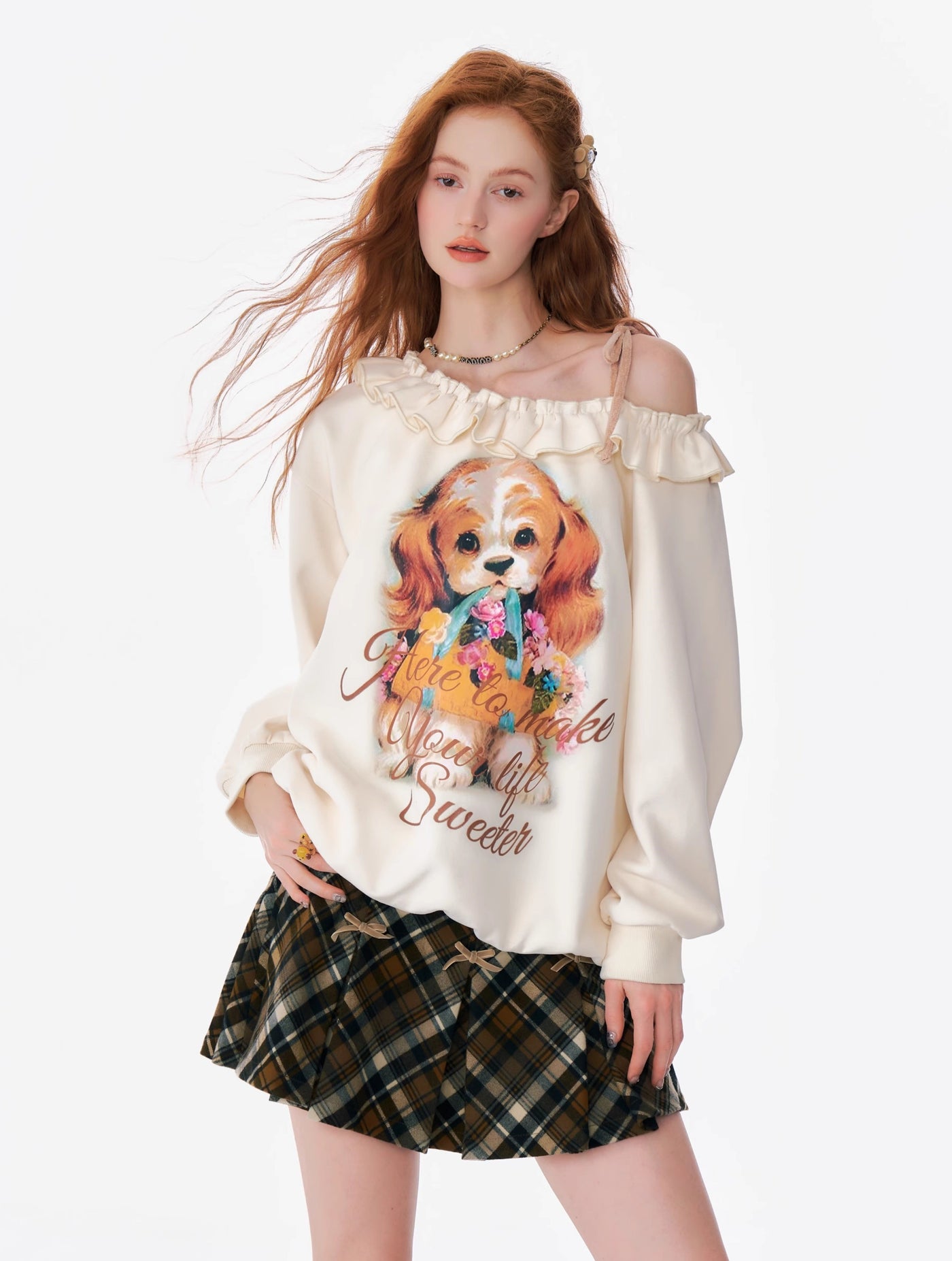 Loose Lazy Style Dog Print Off-shoulder Sweatshirt ZIZ0176