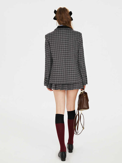 College Style Contrast Color Tartan Check Jacket & Pleated Skirt BOH0070