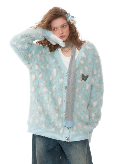 American Retro Blue Leopard Pattern Soft Knit Cardigan ZIZ0207