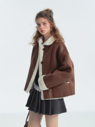 Brown Lapel Shearling Fur Short Jacket SOM0141