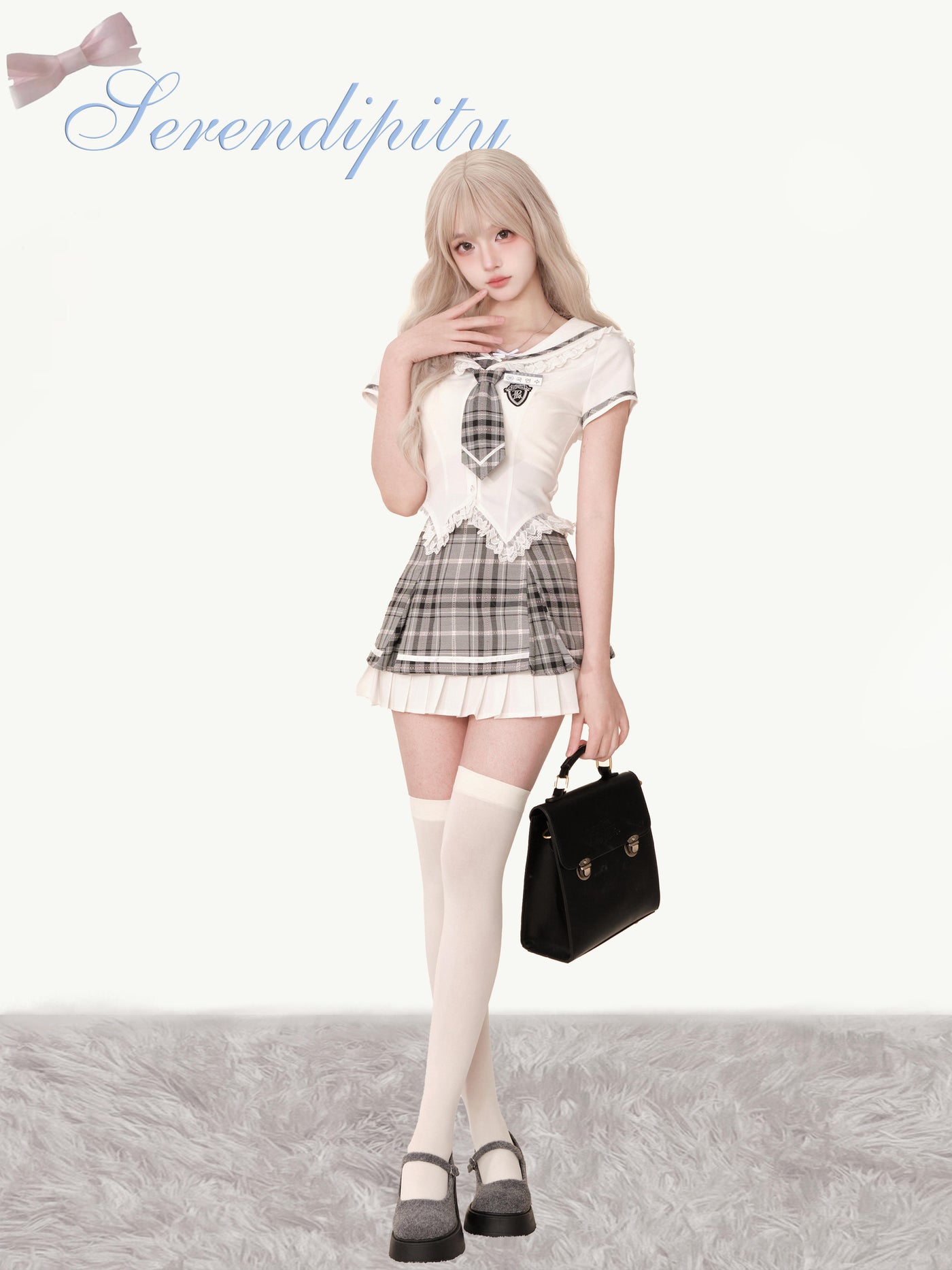 College Style Lace Sailor Top & Check Pleated Layered Skirt SER0039