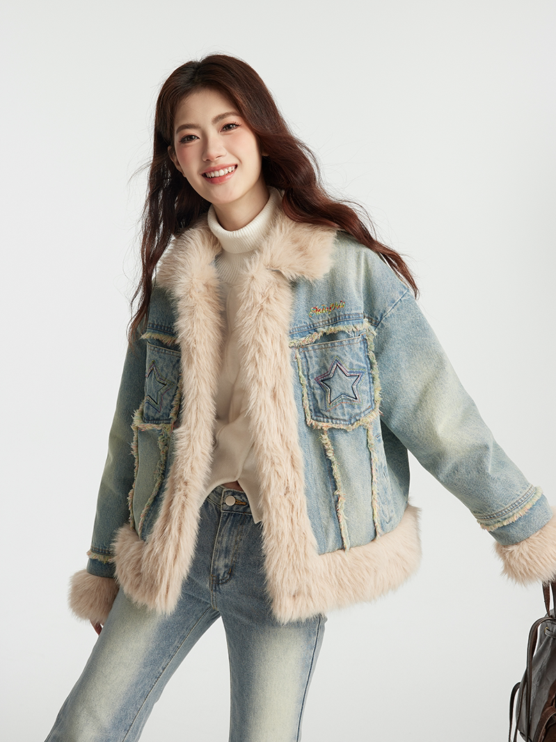 Star Pocket Denim Color Long Fur Cotton Jacket NTO0149