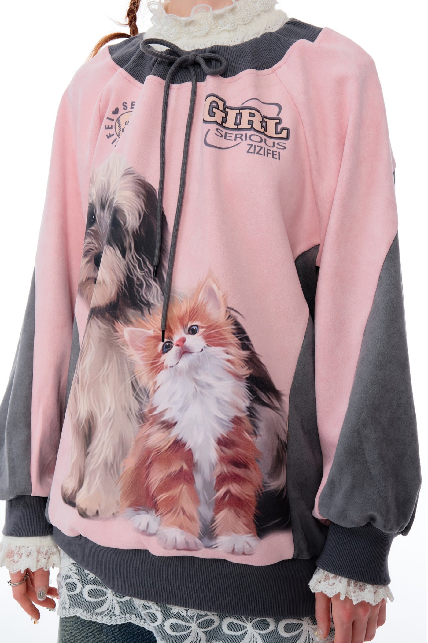 Loose Round Neck Contrast Suede Cat And Dog Print Sweatshirt ZIZ0170