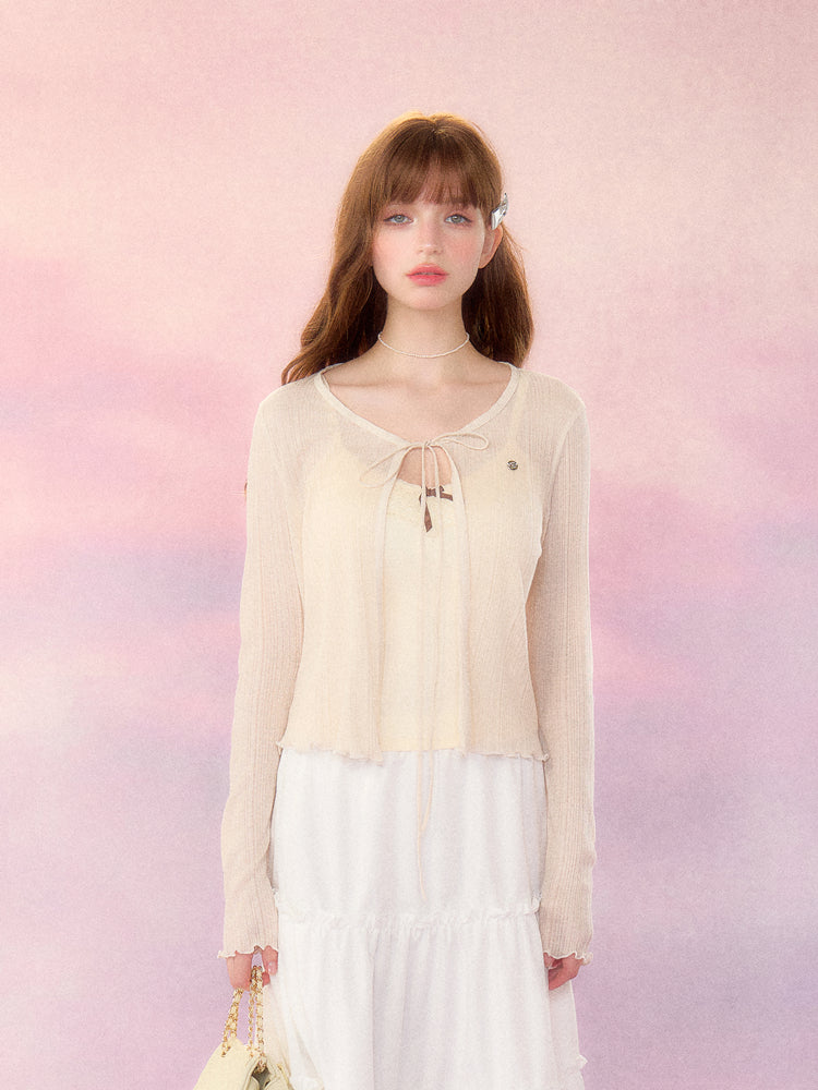 Natural color ribbon sheer slim cardigan SPE0046