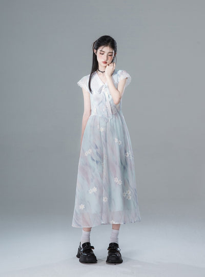 Blue Clear Hollow Romantic Embroidery Dress COT0140