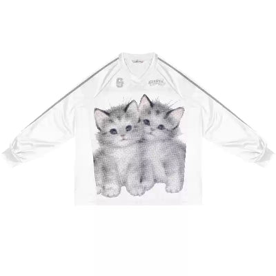 Cat Print V-Neck Long-Sleeved Jersey Top ZIZ0153