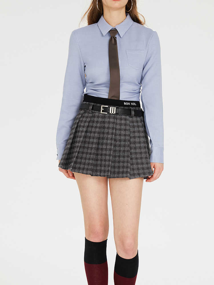 College Style Contrast Color Tartan Check Jacket & Pleated Skirt BOH0070