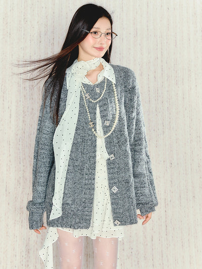 Soft Lazy Style Casual Rough Twist Round Neck Long Sleeve Knitted Cardigan UND0105