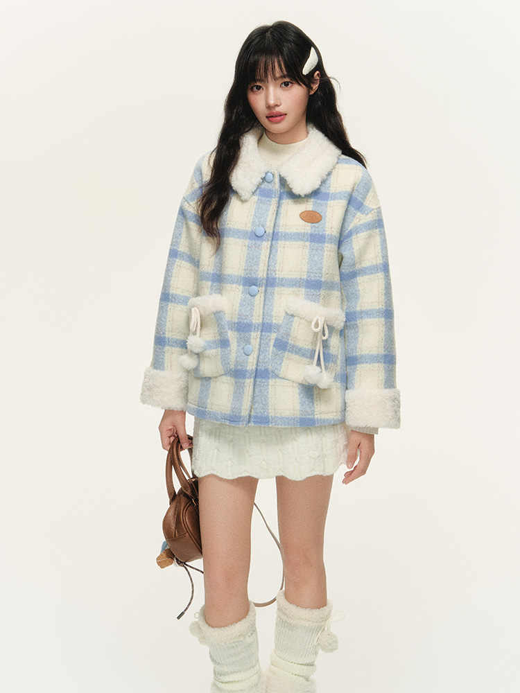 Lined quilted plaid jacket with fur collar and pocket design NTO0156