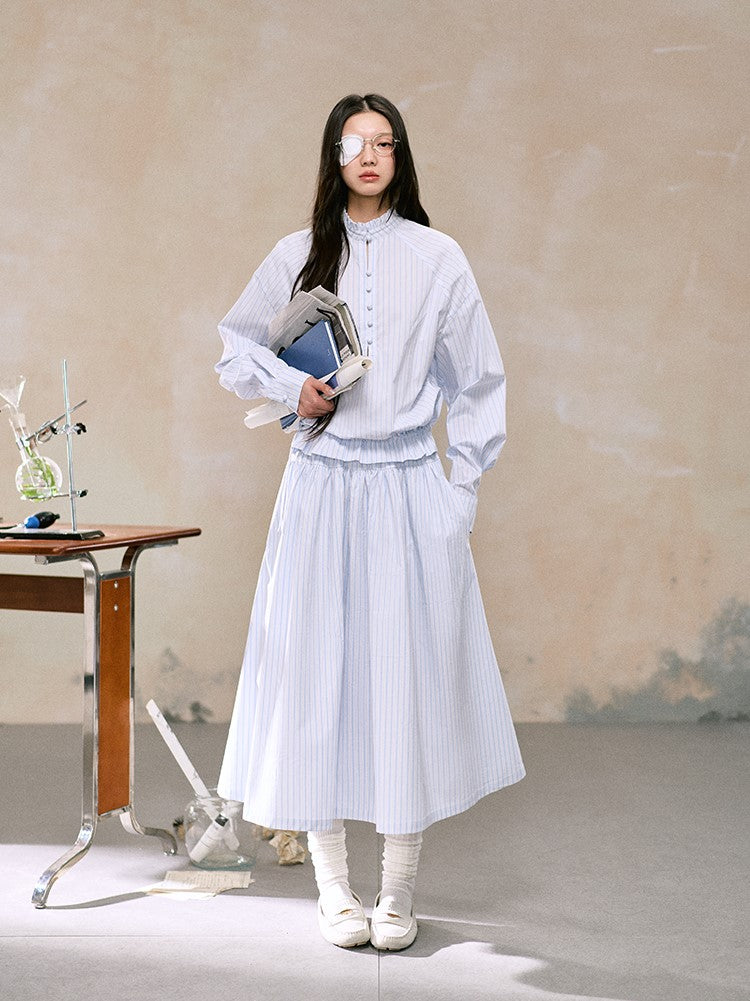 Round Neck Striped Shirt/Half-length Umbrella Skirt LAL0105