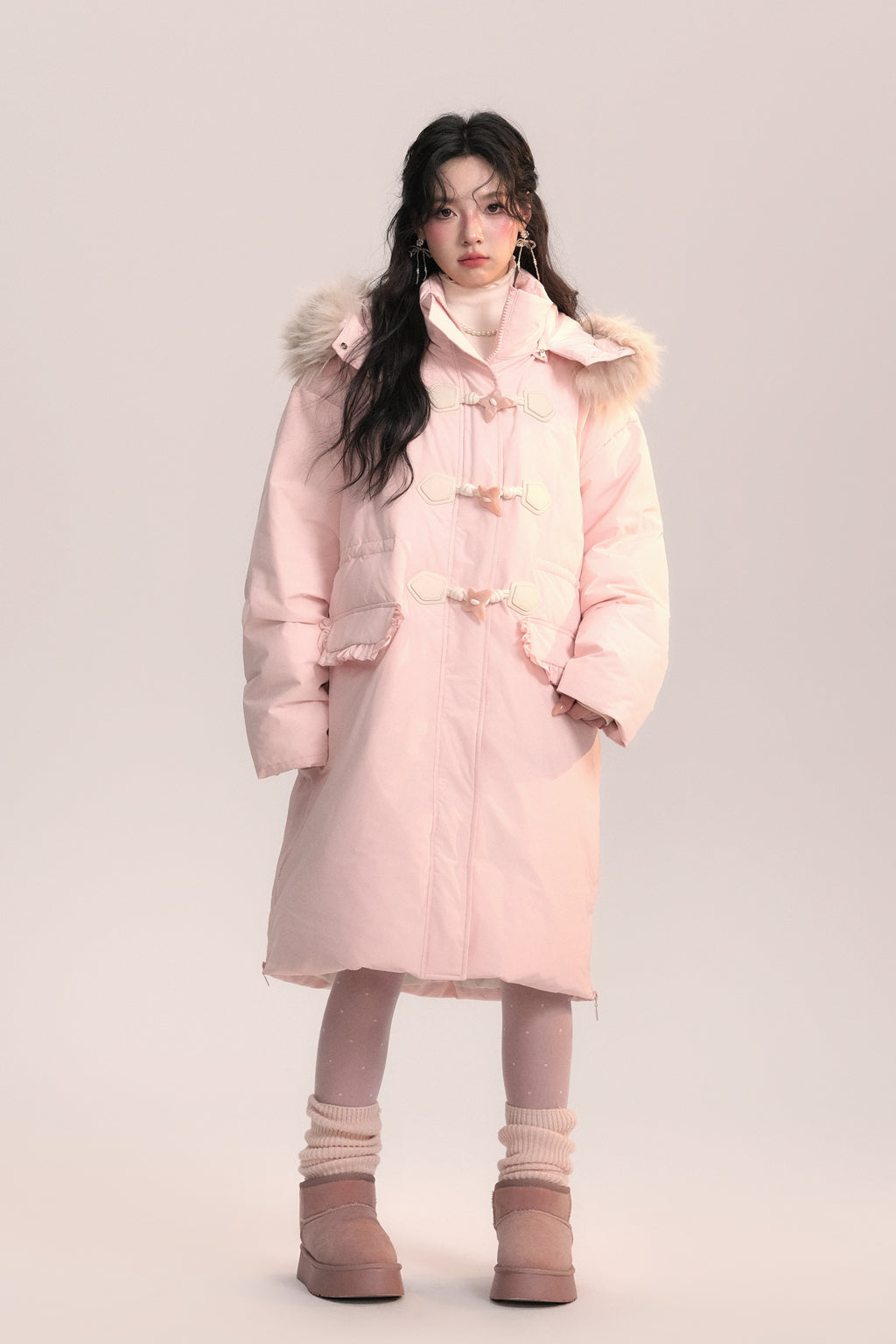 Bow-knot Fur Collar Lace Pocket Long Coat AOO0045