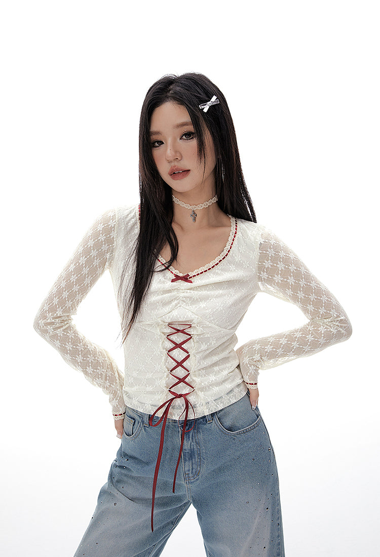 Lace Red Ribbon Bow Long-sleeved Top IMO0050