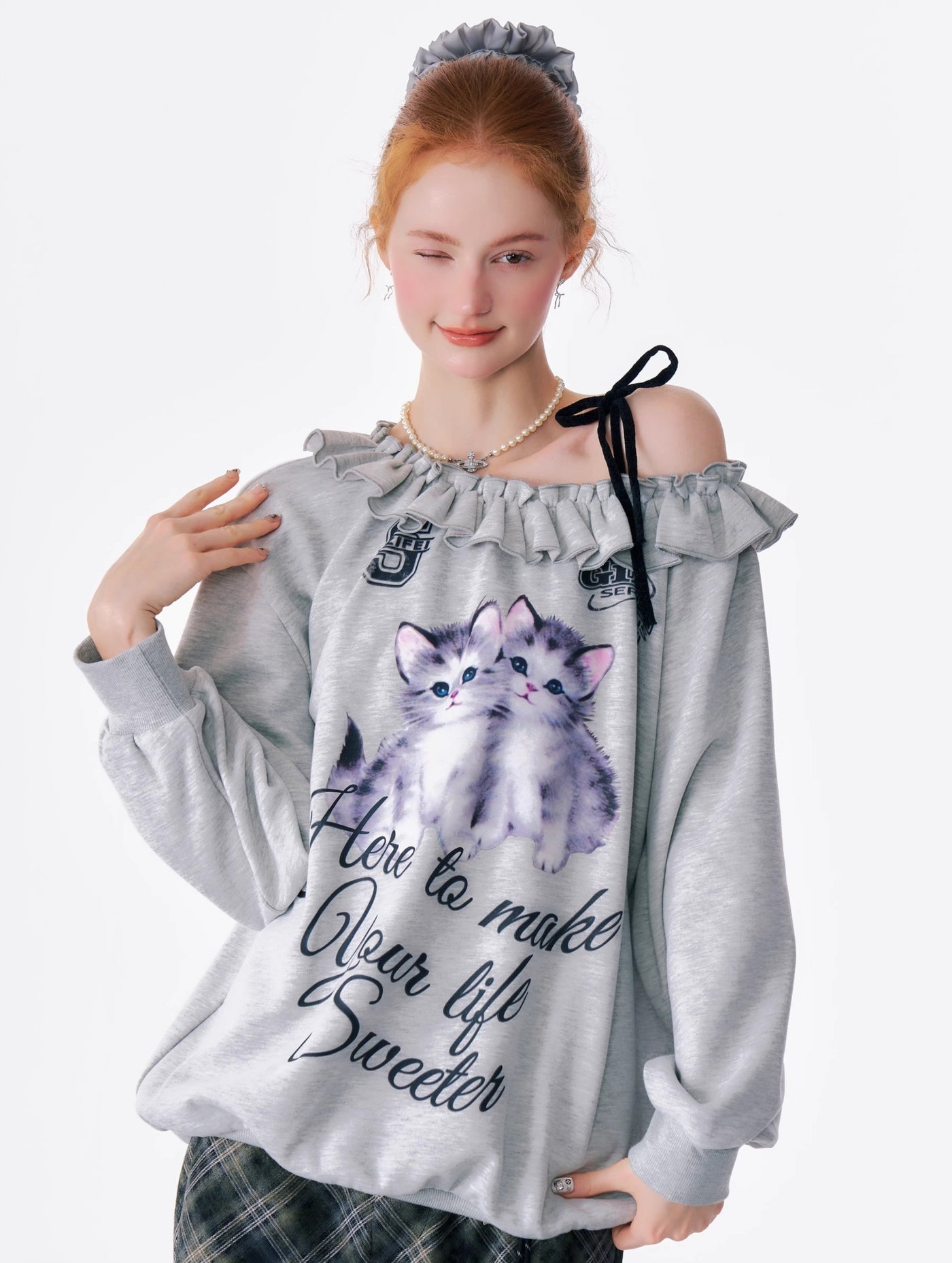 American Retro Oblique Shoulder Loose Lazy Style Cat Print Sweatshirt ZIZ0179