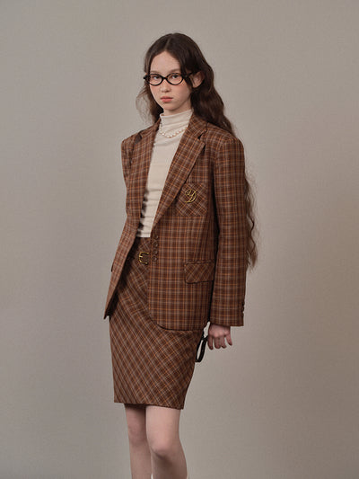 Brown checkered casual suit jacket and skirt YOO0070