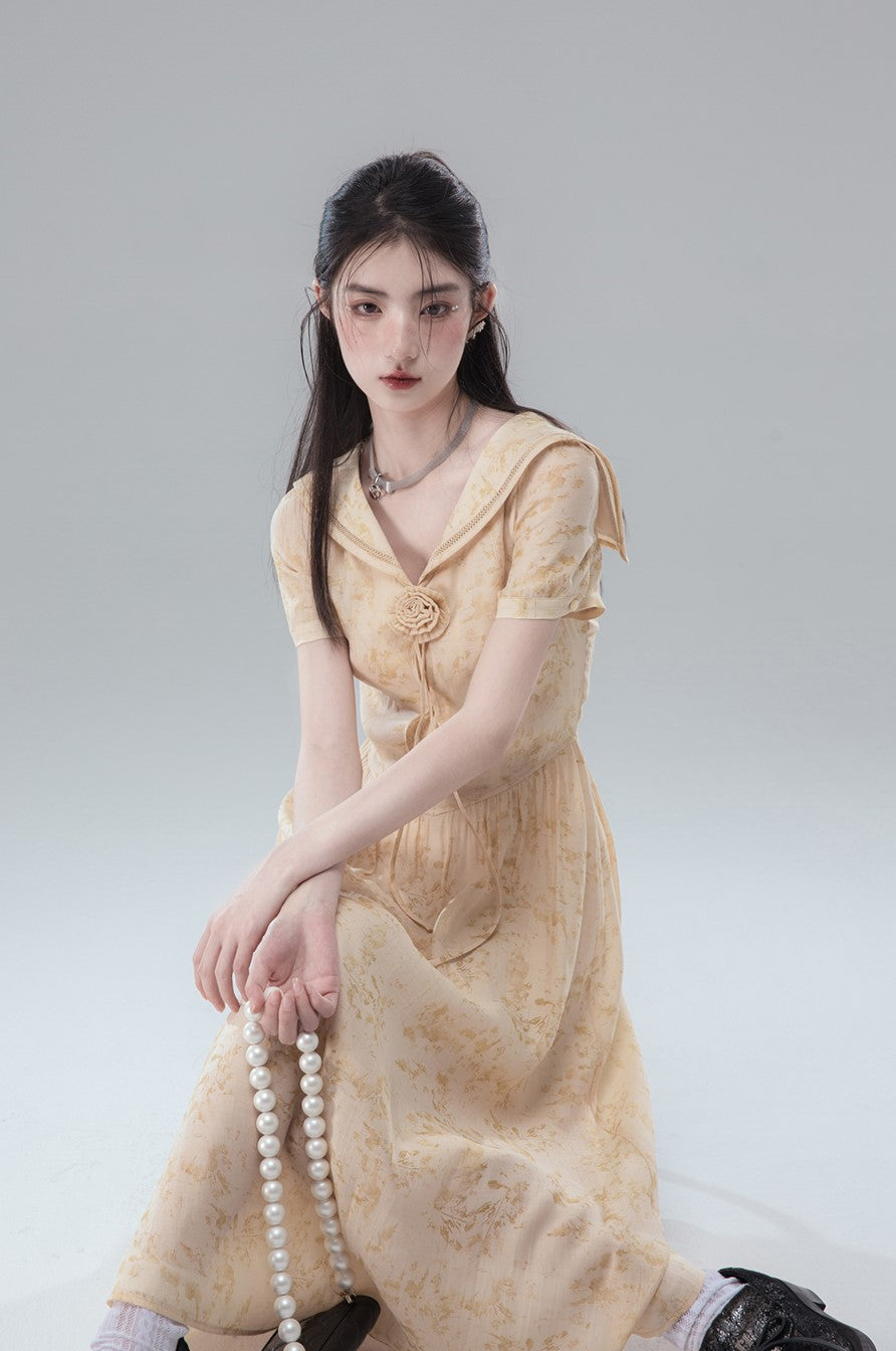 Fallen Leaves Apricot Yellow Atmosphere Short-sleeved Dress COT0133