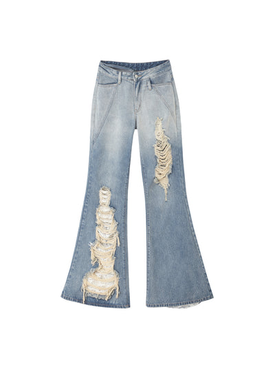 Gradient Blue Flared Damaged Denim Pants OFA0153