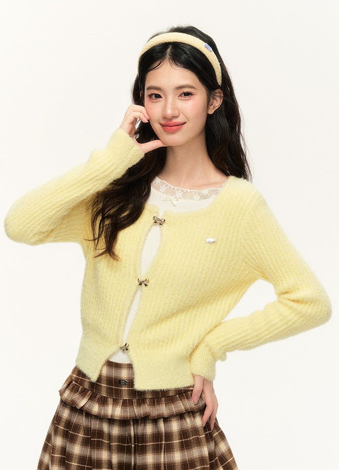 Cream Yellow Furry Square Collar Sweater Cardigan/Brown Skirt NTO0138