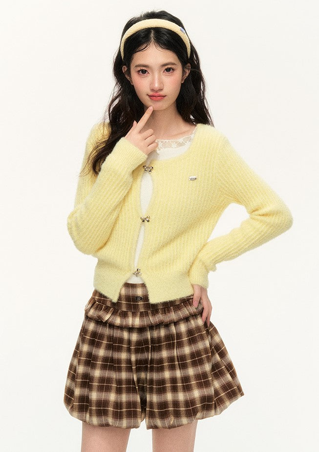 Cream Yellow Furry Square Collar Sweater Cardigan/Brown Skirt NTO0138