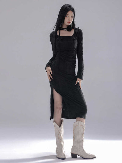 Ruffle Square Neck Frayed Design Side Slit Slim Dress LAC0228