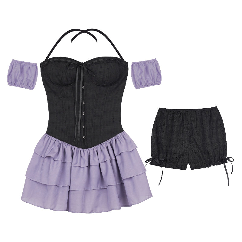 Strap Halter Neck Ruffle Layered Girly Dress & Balloon Shorts & Sleeves Set SAG0152