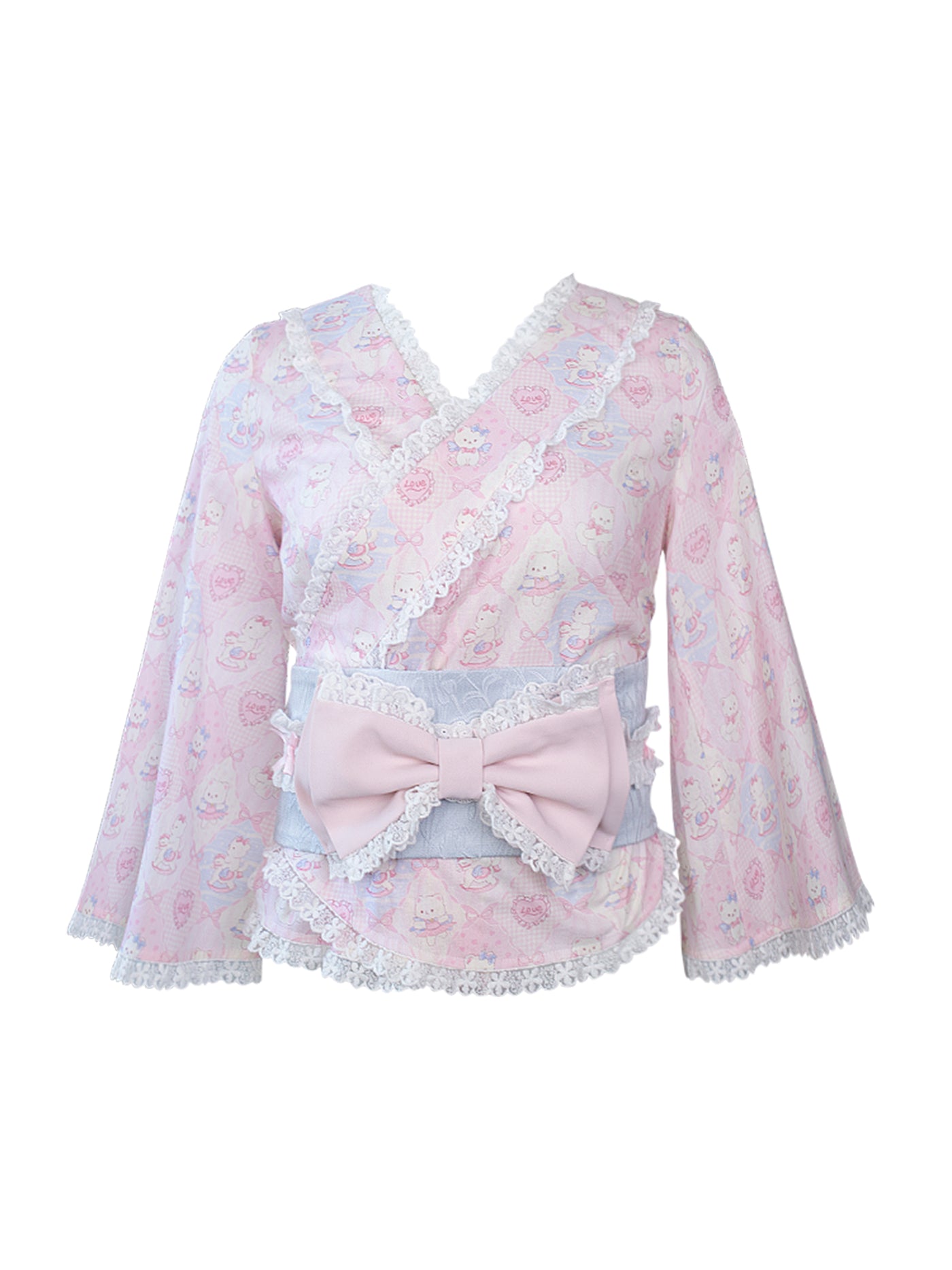 Kitten print pink happi style sweet top & lace ribbon belt & ruffle layered shorts SER0063