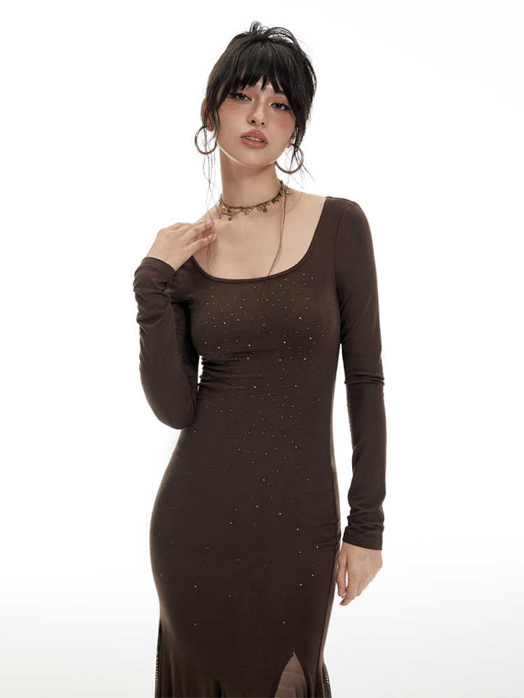 Mesh Splicing Long-sleeved High-waist Fishtail Dress IMO0056