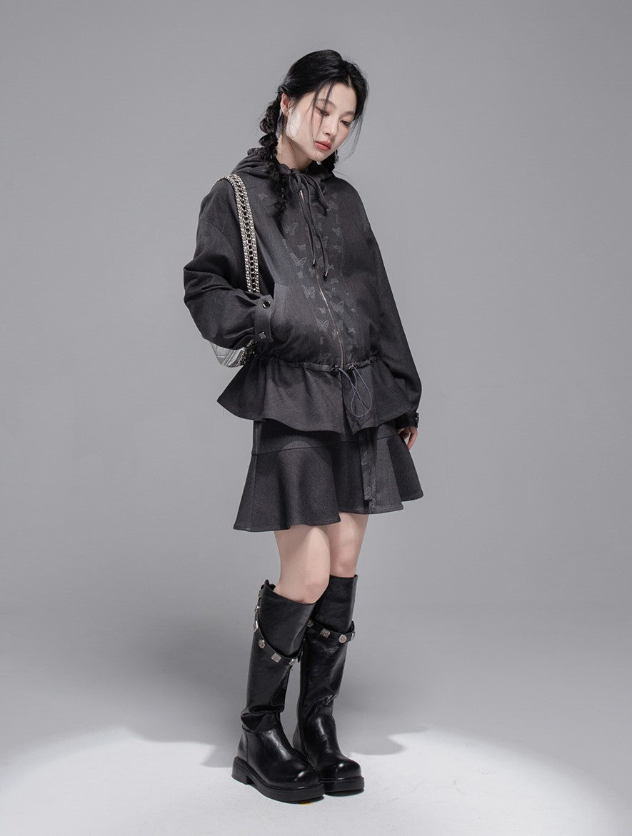 Gray Butterfly Spliced Hooded Jacket+Skirt COT0353